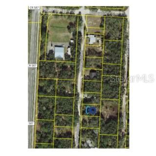 This is an aerial map showing a vacant lot highlighted in blue among surrounding properties — HEDGES STREET, NEW PORT RICHEY, FL