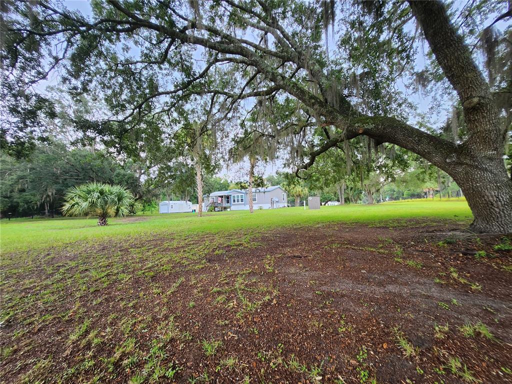 A mobile home sits on a large, grassy lot shaded by several large oak trees — 152 KELLY LANE, HAWTHORNE, FL