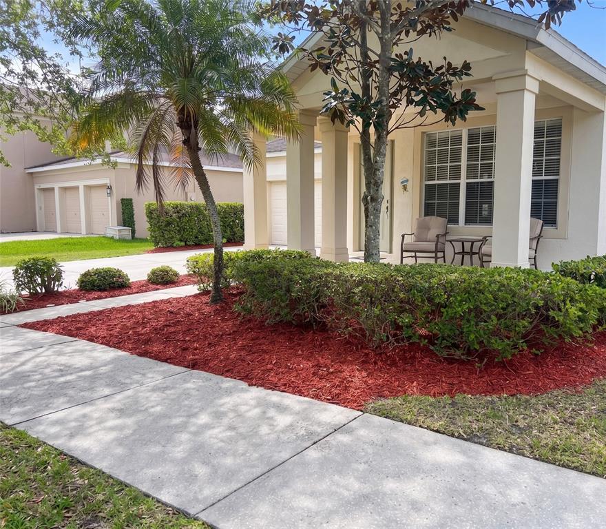 A beige house with a covered front porch, red mulch landscaping, and a palm tree — 13424 HOPKINTON CT, WINDERMERE, FL