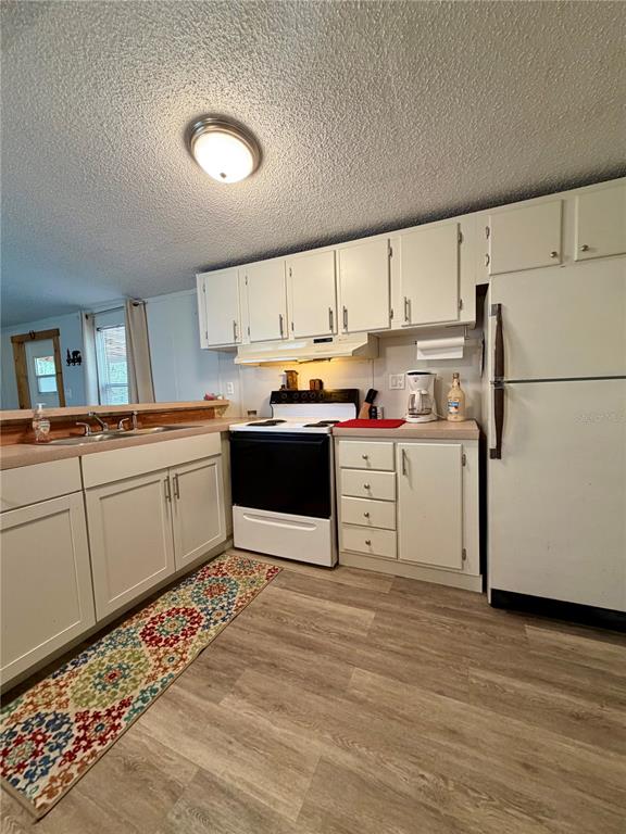 A kitchen features white cabinets, a black stove, a white refrigerator, and wood-look flooring — 20445 NE 144TH LANE, FORT MC COY, FL