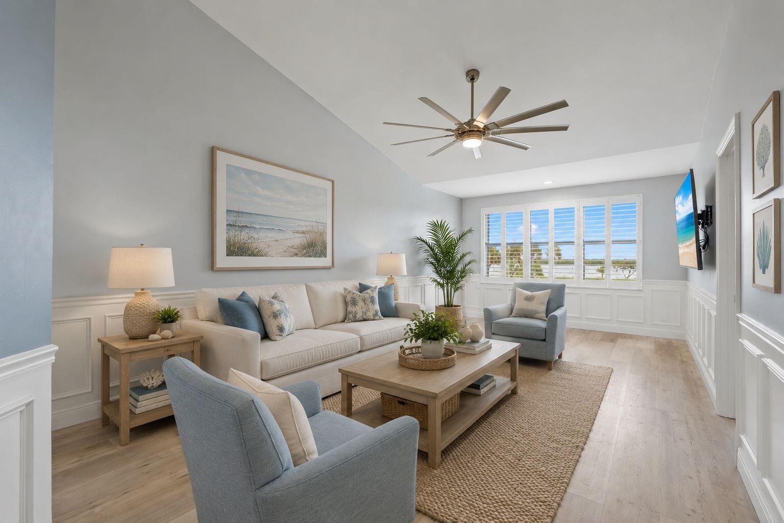 A coastal-style living room features a white sofa, blue armchairs, and a vaulted ceiling — 6102 SE Landing Way # 14, Stuart FL 34997, STUART, FL