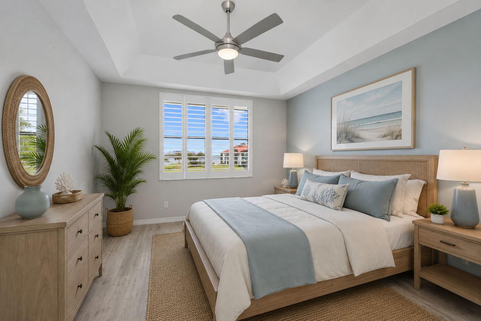 A bedroom features a tray ceiling, a queen bed, a dresser, and a window view — 6102 SE Landing Way # 14, Stuart FL 34997, STUART, FL