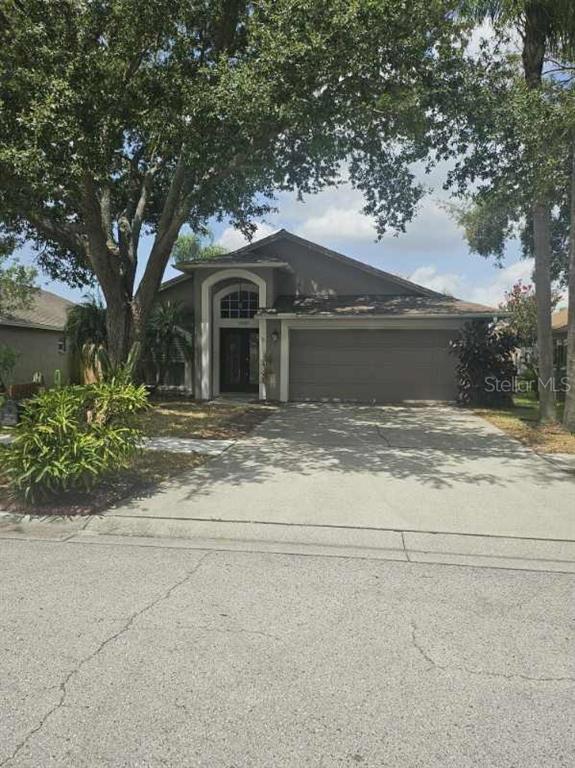 A single-story house with a gray exterior, a two-car garage, and a large shade tree — 1929 SEDGEFIELD STREET, BRANDON, FL