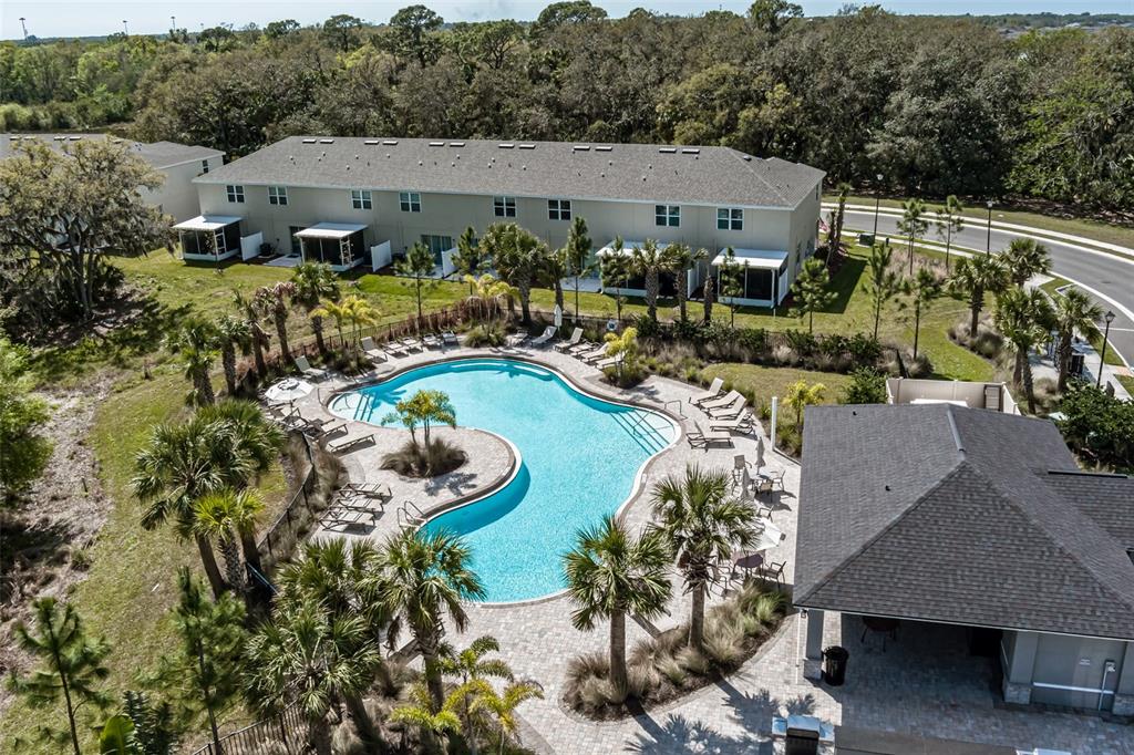 An aerial view shows a community swimming pool surrounded by palm trees and townhomes — 6106 FAIRMONT LANE, PALMETTO, FL