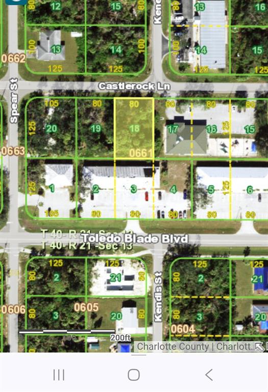 This is a satellite map showing residential property lots and street layouts in a neighborhood — 1587 CASTLEROCK LANE, PORT CHARLOTTE, FL