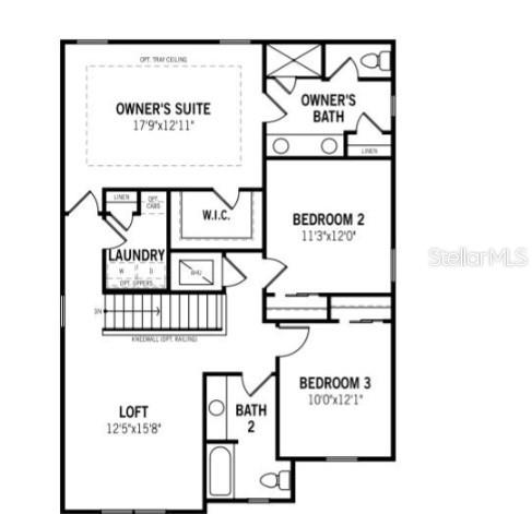 This floor plan shows the upper level of a home with three bedrooms and a loft — 13014 SUNSEED STREET, PARRISH, FL