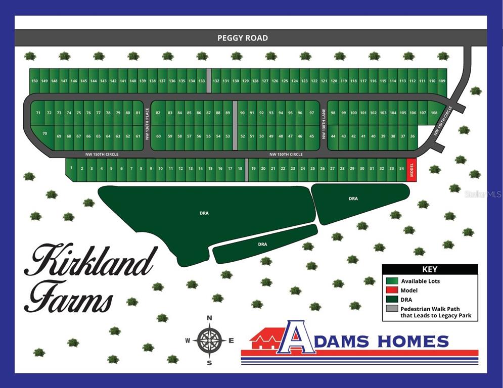 This is a site map showing the layout of lots and streets in the Kirkland Farms neighborhood — 13634 NW 150TH CIRCLE, ALACHUA, FL