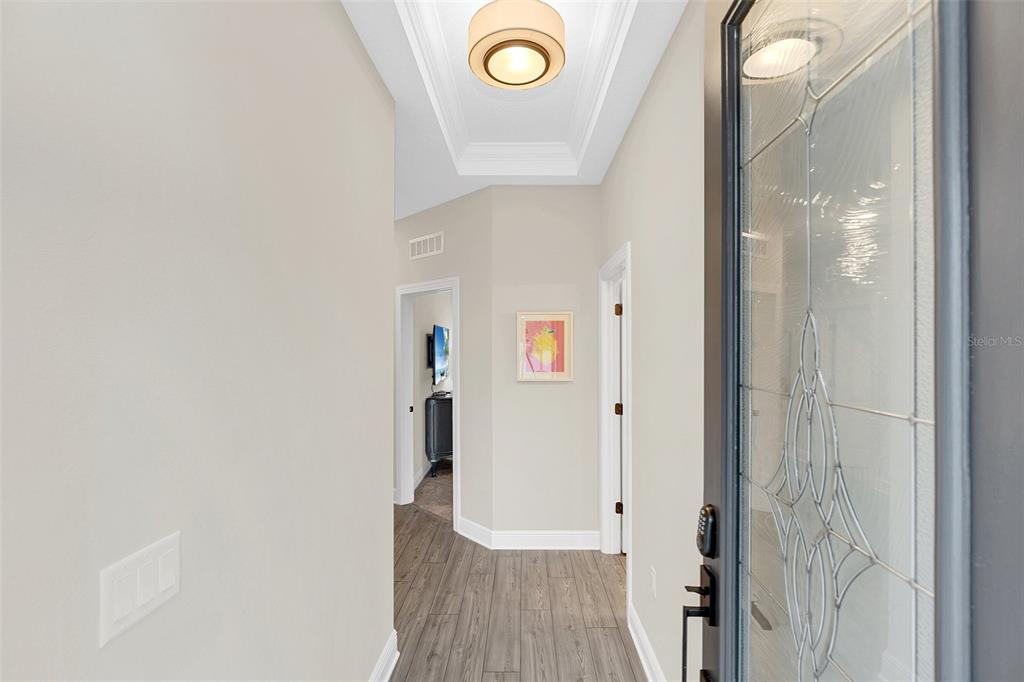 A bright entryway features light-colored walls, wood-look flooring, a tray ceiling, and a glass-paneled door — 1390 REMICK COURT, KISSIMMEE, FL