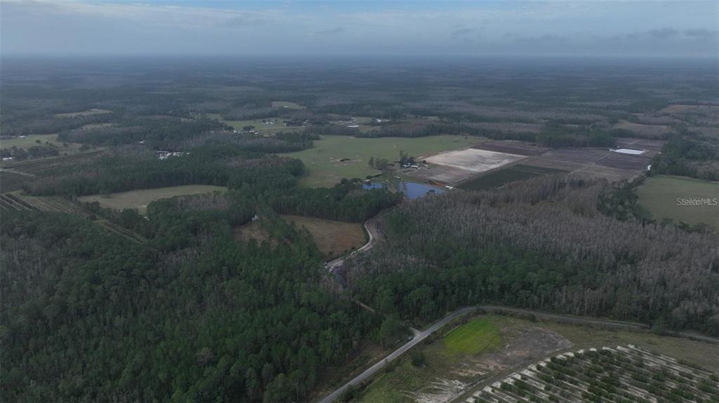 An aerial view shows a rural landscape featuring a pond, open fields, and forested areas — BERRY GROVES RD DRIVE, CLERMONT, FL