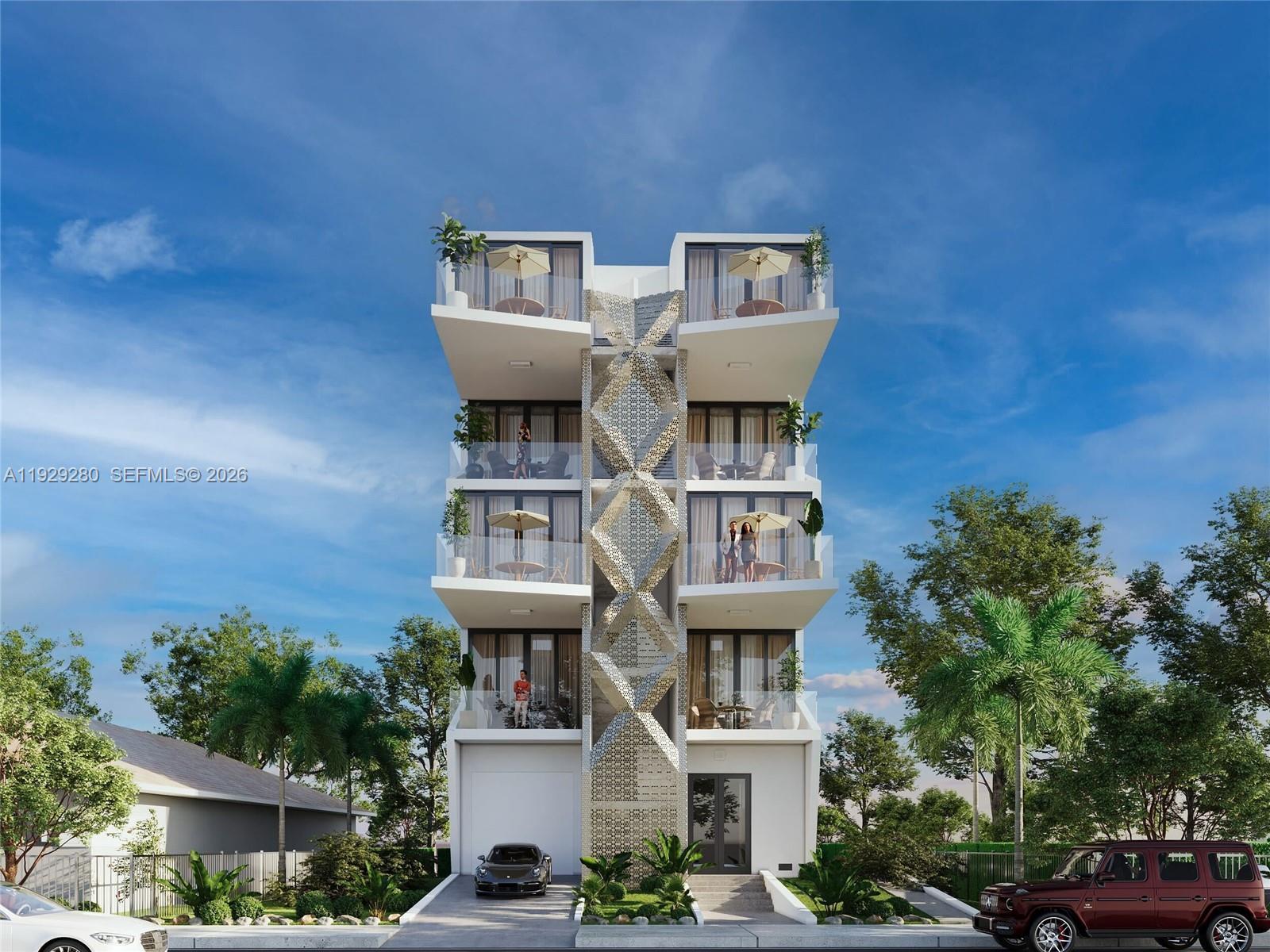 This is a rendering of a modern four-story residential building with a decorative central facade — 756 84th St # B, Miami Beach FL 33141, MIAMI BEACH, FL