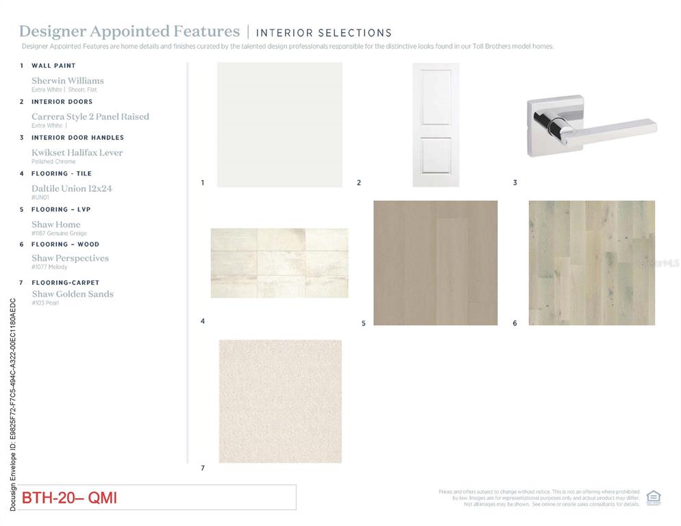 This image displays a selection board of interior finishes including paint, doors, hardware, and flooring — 1879 PINECLIFF DRIVE, APOPKA, FL