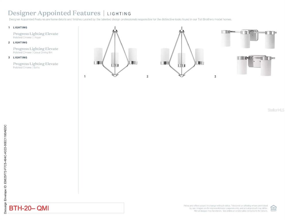 This document displays three Progress Lighting Elevate fixtures in polished chrome for various home areas — 1879 PINECLIFF DRIVE, APOPKA, FL
