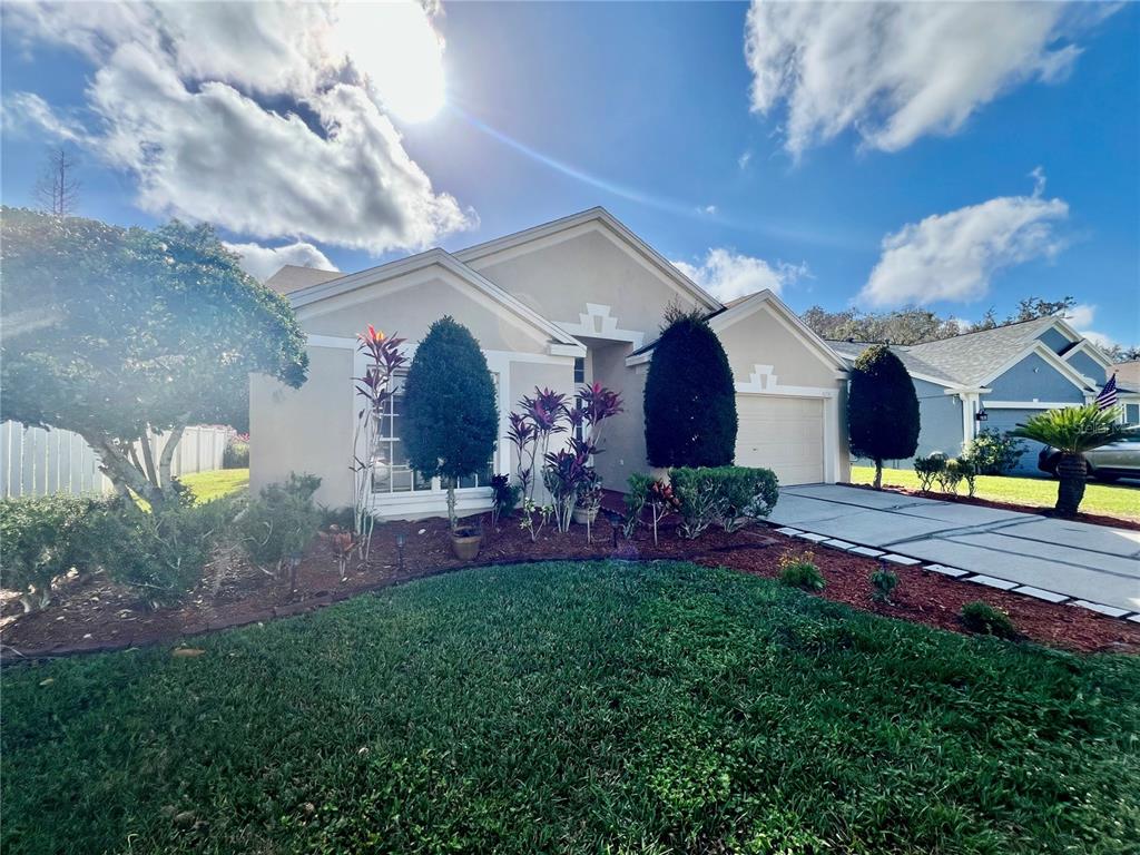 A single-story suburban house with a beige stucco exterior, a two-car garage, and landscaped yard — 30728 IVERSON DRIVE, WESLEY CHAPEL, FL