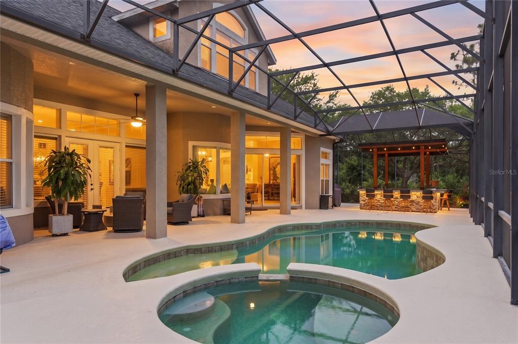 A screened-in patio features a swimming pool, a hot tub, and an outdoor bar area — 14106 OAKWOOD COVE LANE, ORLANDO, FL