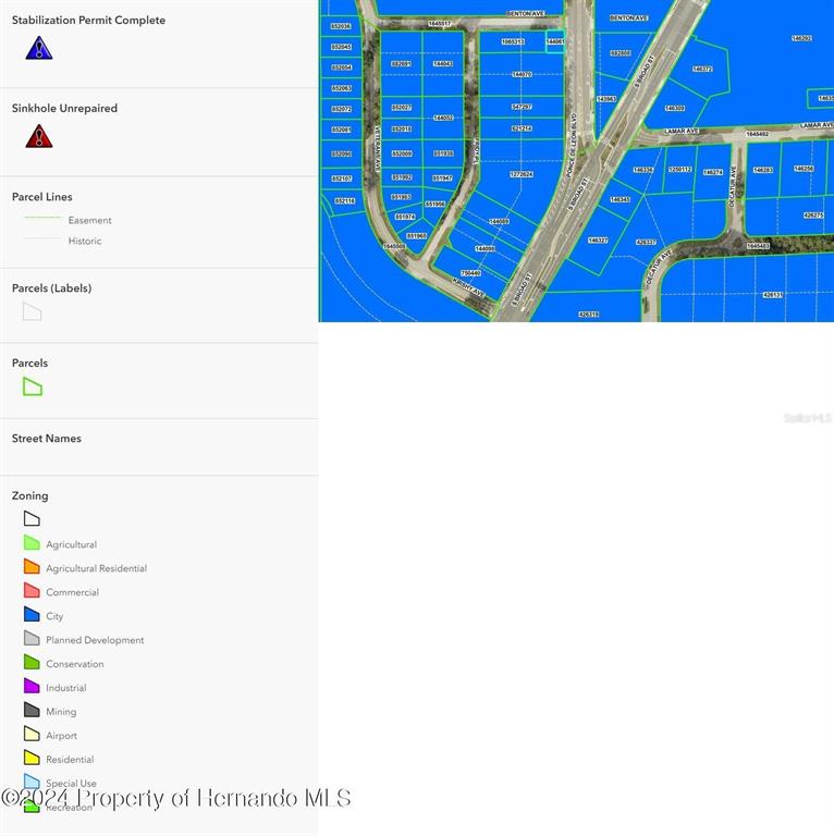 This is a map showing property parcels, zoning classifications, and street names in Hernando County — 705 BENTON AVENUE, BROOKSVILLE, FL