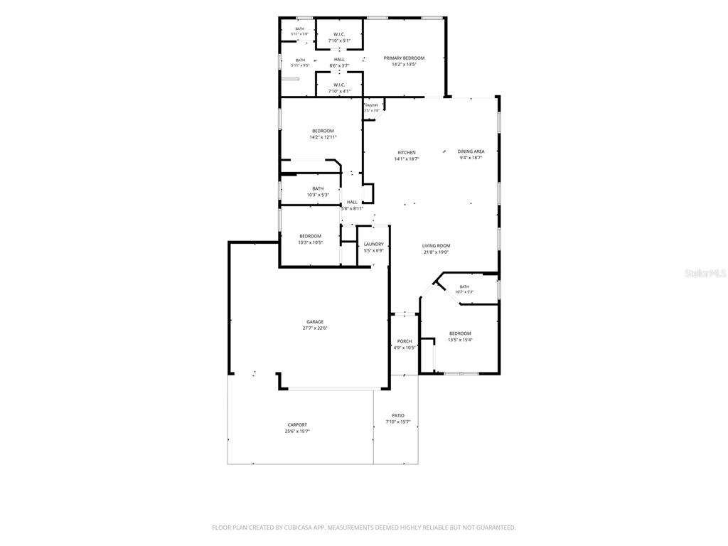 This is a floor plan of a single-story house with a garage, carport, and patio — 4198 SW 128TH PLACE, OCALA, FL