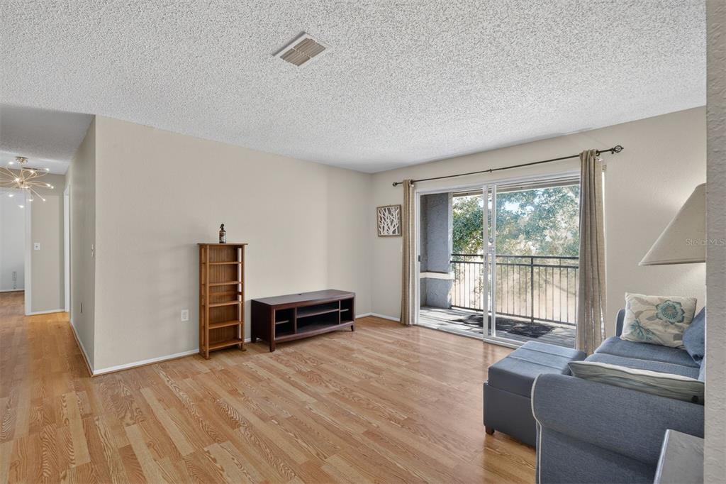 A living room with wood flooring, a blue sofa, a media console, and a balcony — 3705 SW 27TH STREET UNIT 326, GAINESVILLE, FL
