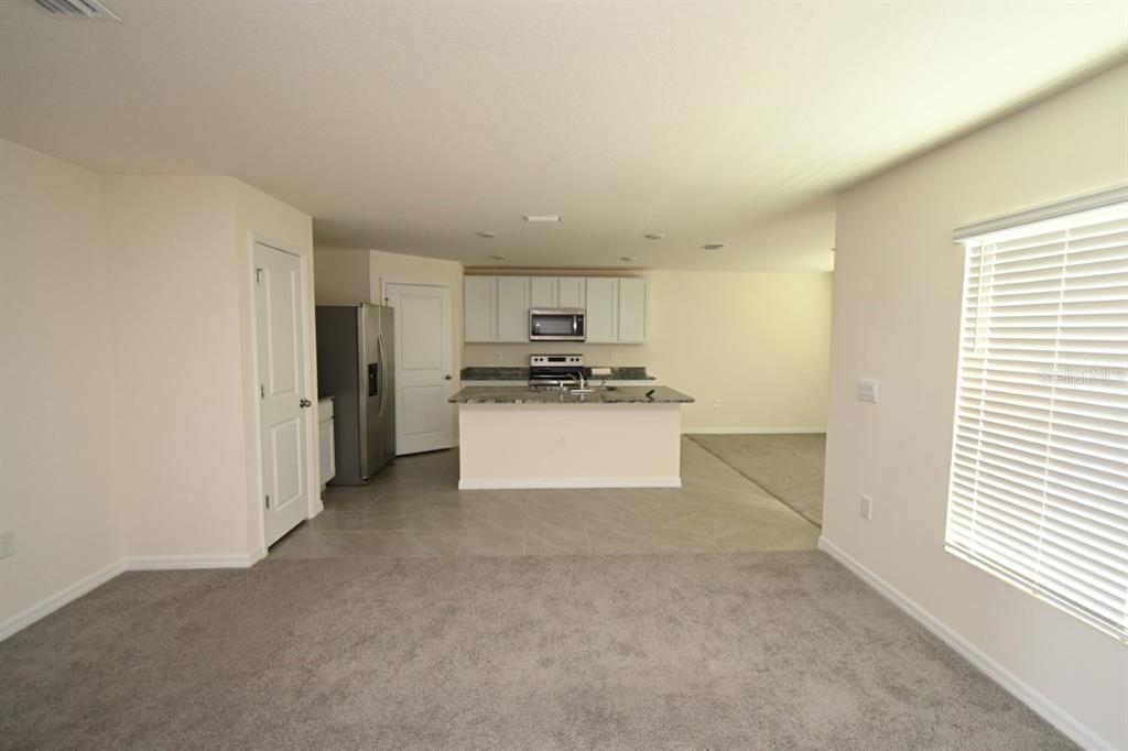 An open-concept kitchen with light cabinets and a granite island overlooks a carpeted living area — 36698 SPANISH ROSE DRIVE, DADE CITY, FL
