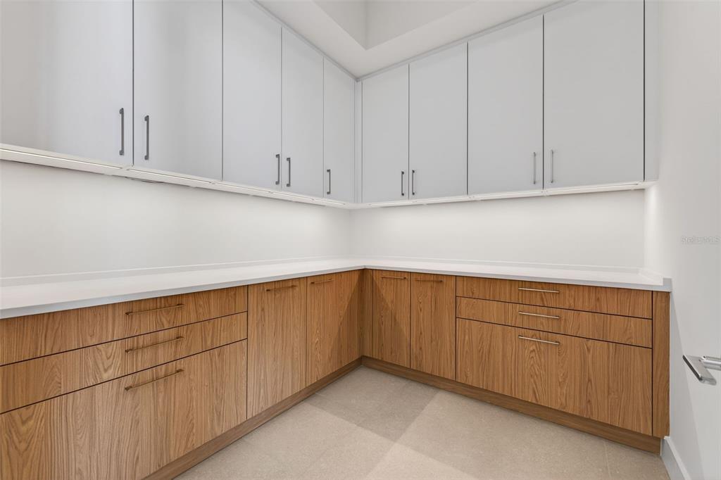 A laundry room with white upper cabinets, wood-grain lower cabinets, and white countertops — 275 1ST AVENUE S UNIT 4202, ST PETERSBURG, FL