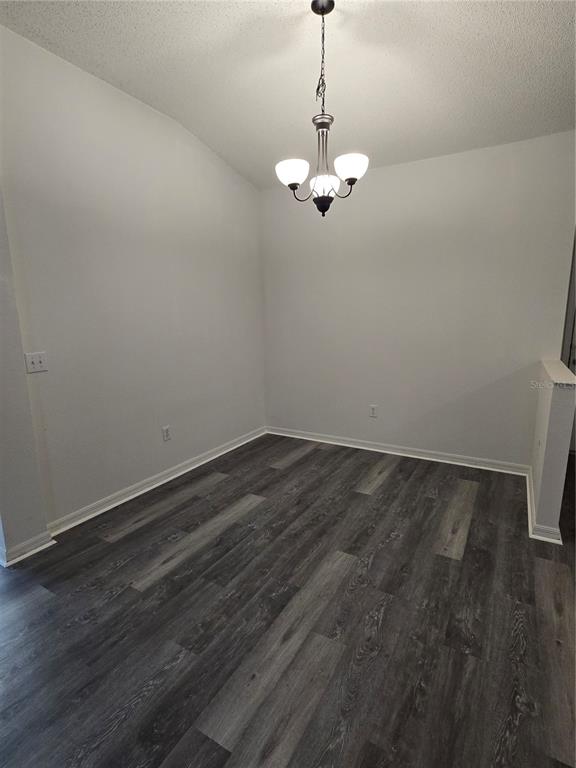 A dining area features dark wood-look flooring, white walls, and a three-light chandelier — 11010 WHITECAP DRIVE, RIVERVIEW, FL