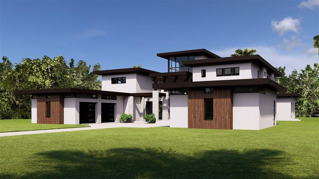 This is a digital rendering of a modern two-story house with a flat roof and wood-paneled accents — 19207 GUNN HIGHWAY, ODESSA, FL