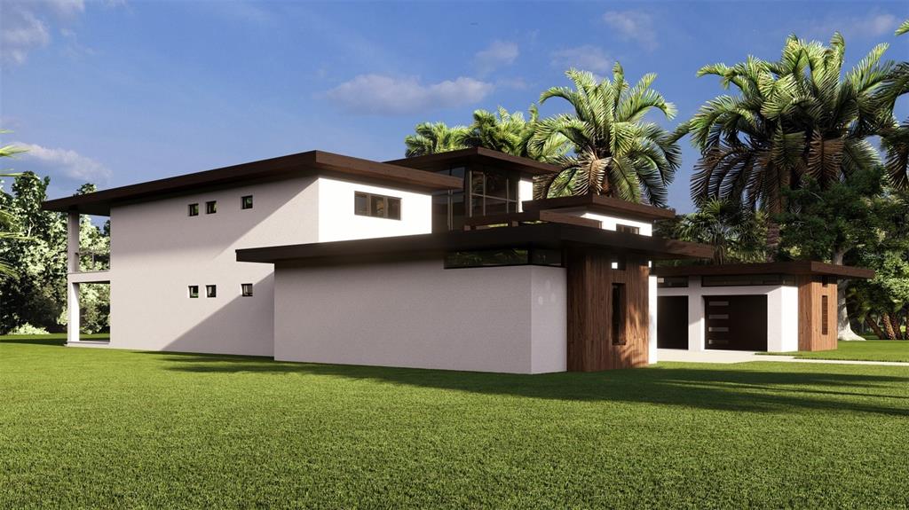 A digital rendering of a modern two-story house with a flat roof and attached garage — 19207 GUNN HIGHWAY, ODESSA, FL