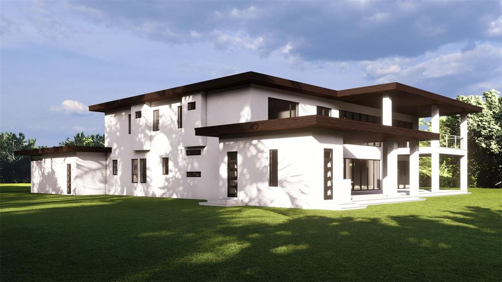 A digital rendering of a modern two-story house with white stucco walls and dark wood trim — 19207 GUNN HIGHWAY, ODESSA, FL