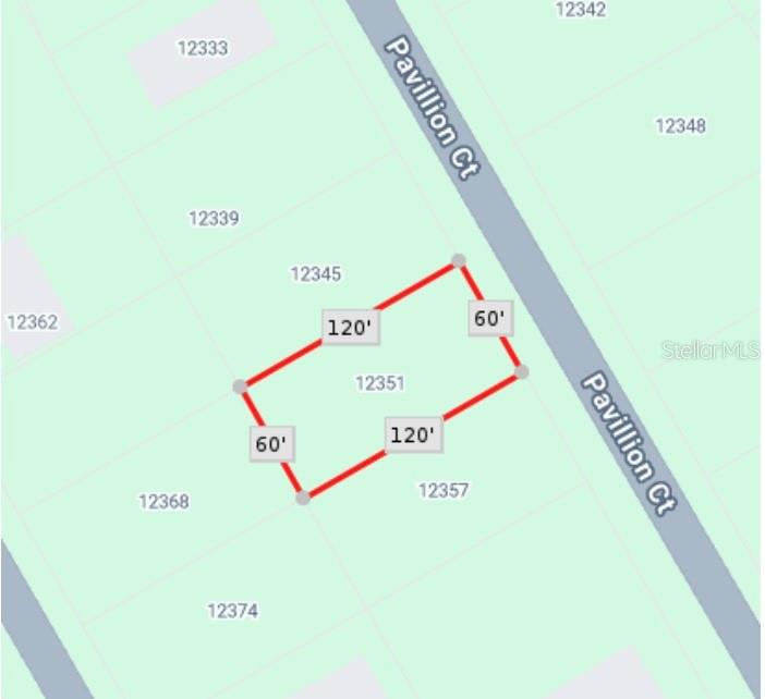 This map shows the rectangular property boundaries and dimensions of a residential lot — 12351 PAVILLION COURT, PUNTA GORDA, FL