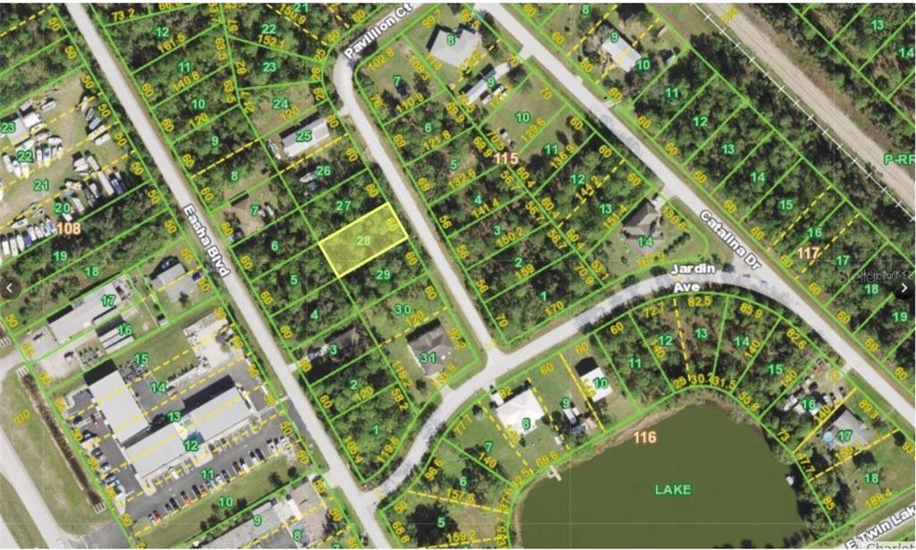 An aerial map view showing residential land parcels and streets in a wooded neighborhood — 12351 PAVILLION COURT, PUNTA GORDA, FL