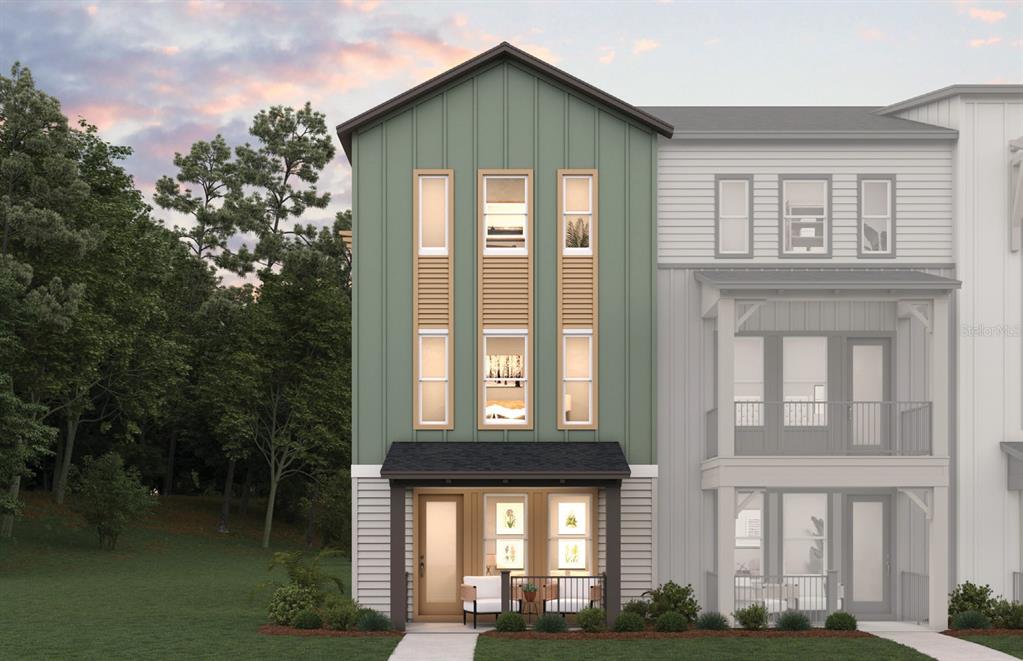 A digital rendering of a three-story green townhouse with a front porch and vertical siding — 12155 ASHVIEW LANE UNIT 11-76, JACKSONVILLE, FL