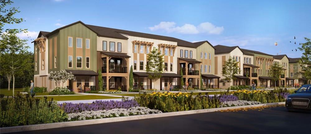 This is a digital rendering of a multi-story residential townhouse complex with modern architectural details — 12155 ASHVIEW LANE UNIT 11-76, JACKSONVILLE, FL