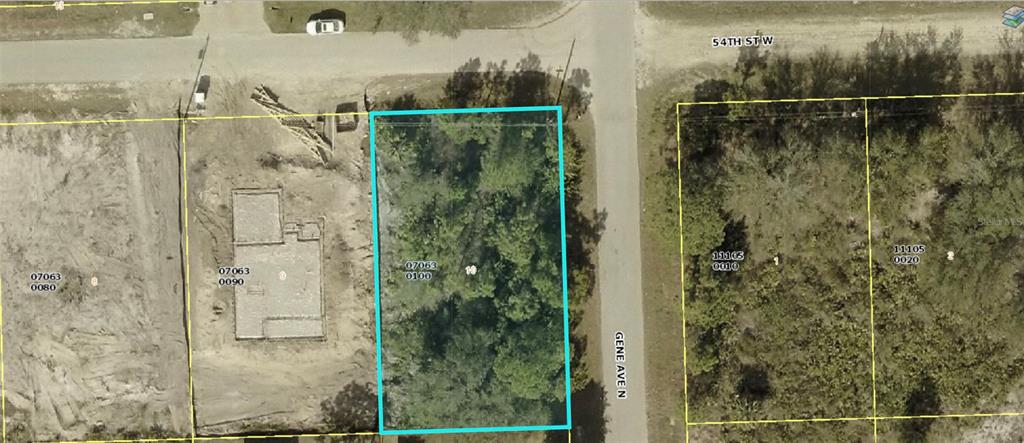 This aerial map shows a vacant, tree-covered rectangular lot outlined in blue near a road — 2701 54TH STREET W, LEHIGH ACRES, FL