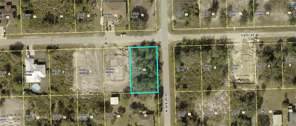 An aerial map view shows a vacant, rectangular lot highlighted in blue along a residential street — 2701 54TH STREET W, LEHIGH ACRES, FL