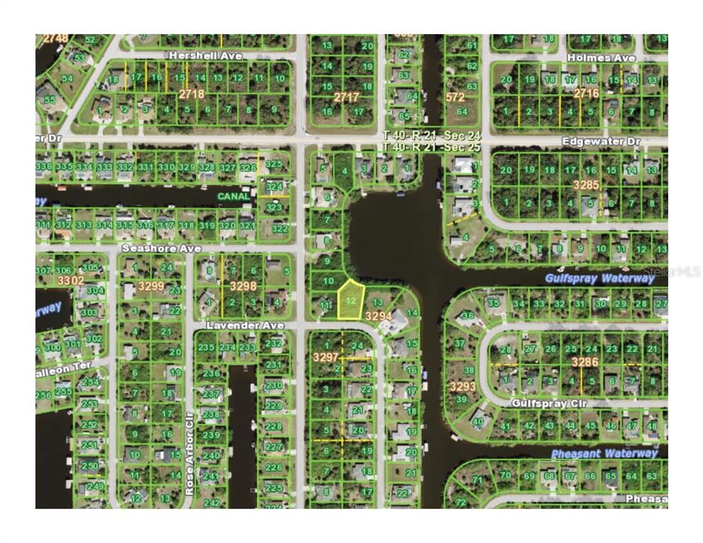 This is a map showing residential lots and waterways in a suburban neighborhood — 4088 LIBRARY STREET, PORT CHARLOTTE, FL