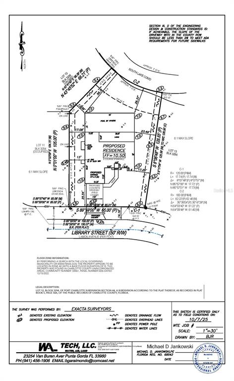 This is a survey map showing the proposed residence and property boundaries for a lot — 4088 LIBRARY STREET, PORT CHARLOTTE, FL