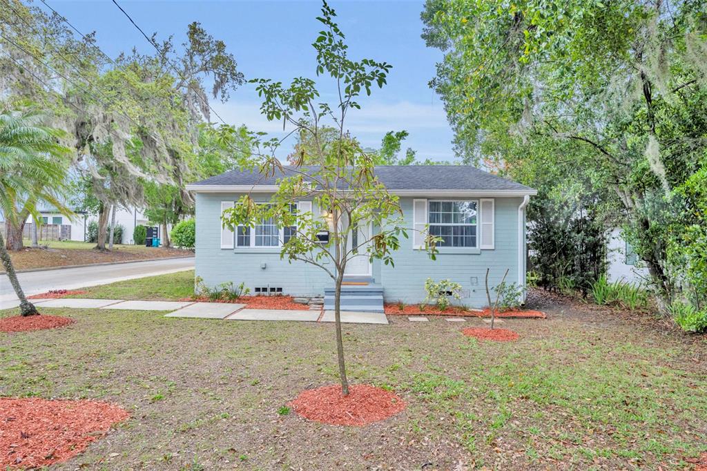 A light blue single-story house with a front yard, a young tree, and white shutters — 612 E KALEY STREET, ORLANDO, FL