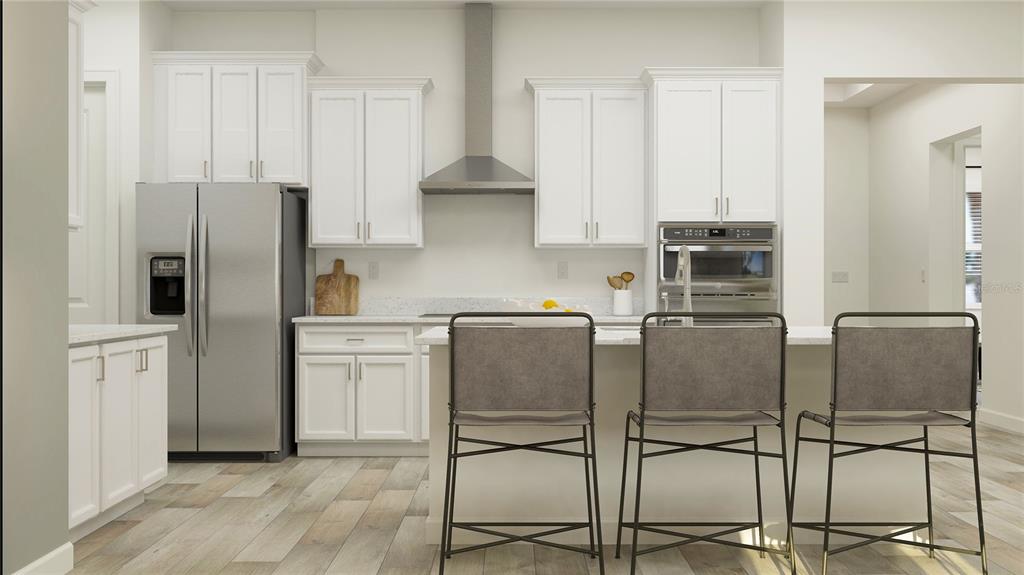 This rendering shows a modern kitchen with white cabinets, stainless steel appliances, and a breakfast island — 6859 CONNECTION WAY, NEW PORT RICHEY, FL