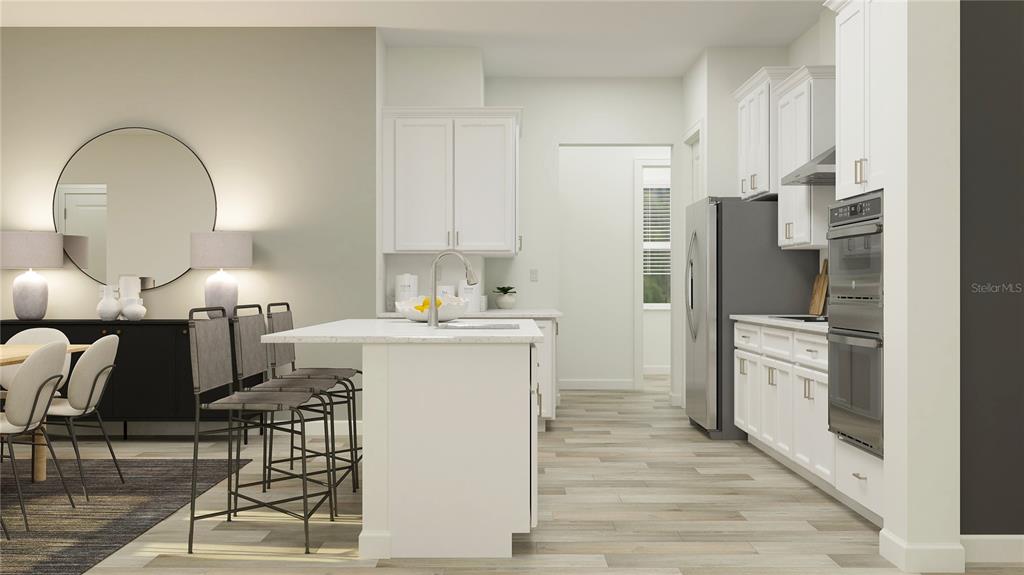 This rendering shows a modern kitchen with white cabinets, a center island, and stainless appliances — 6859 CONNECTION WAY, NEW PORT RICHEY, FL
