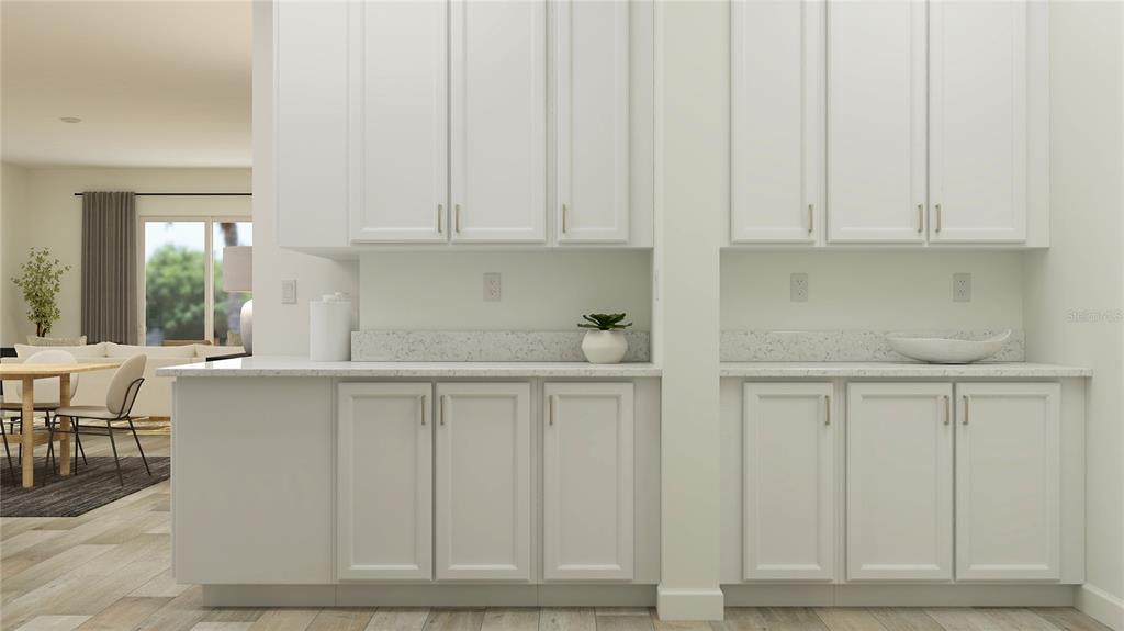 This rendering shows a kitchen area with white cabinets, light countertops, and a dining space — 6859 CONNECTION WAY, NEW PORT RICHEY, FL