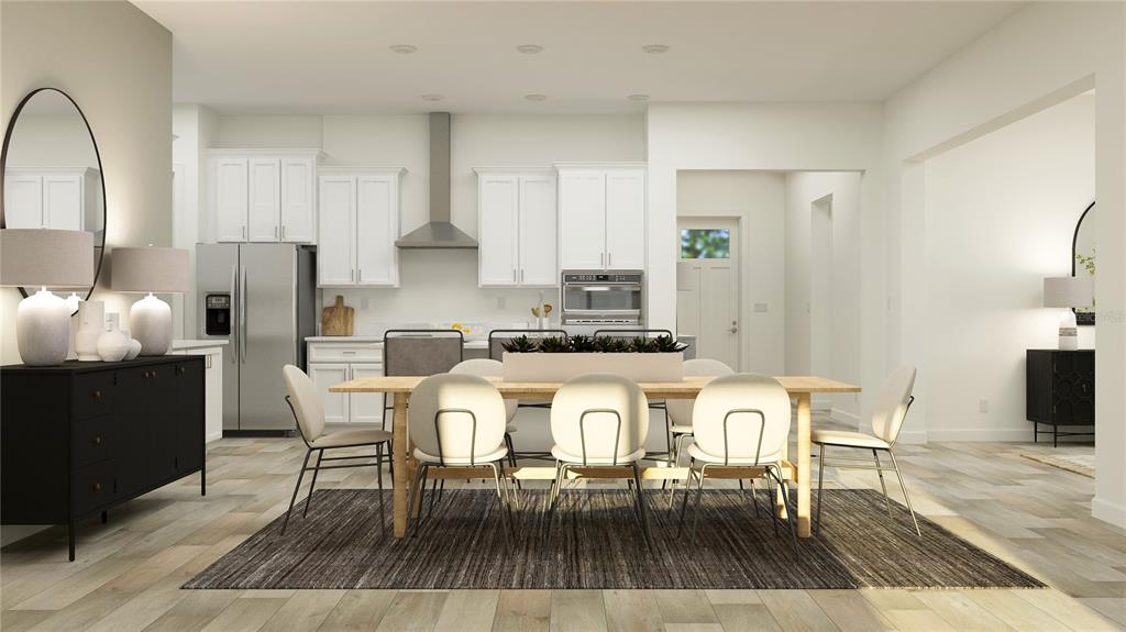 This rendering shows a dining area with a wooden table, six chairs, and a modern kitchen — 6859 CONNECTION WAY, NEW PORT RICHEY, FL