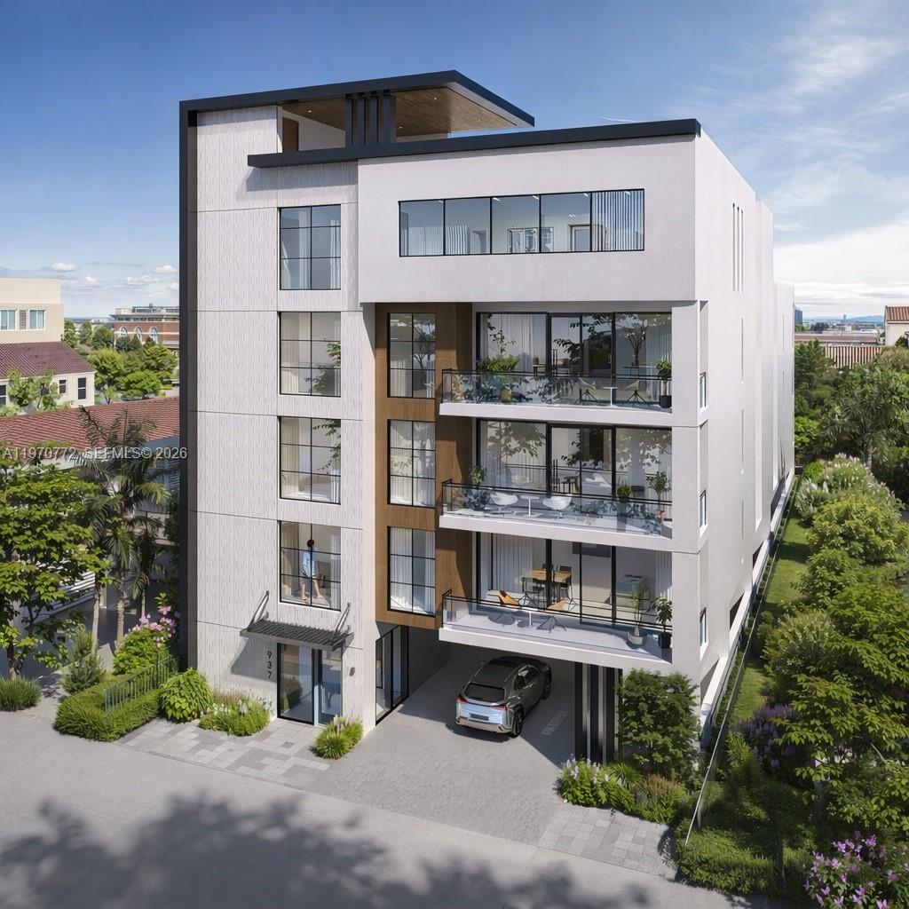 A digital rendering of a modern four-story residential building with balconies and ground-level parking — 937 SW 7th St, Miami FL 33130, MIAMI, FL