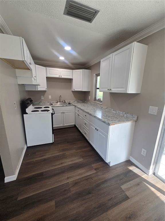 A kitchen features white cabinets, granite countertops, a white stove, and dark wood-look flooring — 12470 PRESCOTT STREET, SPRING HILL, FL