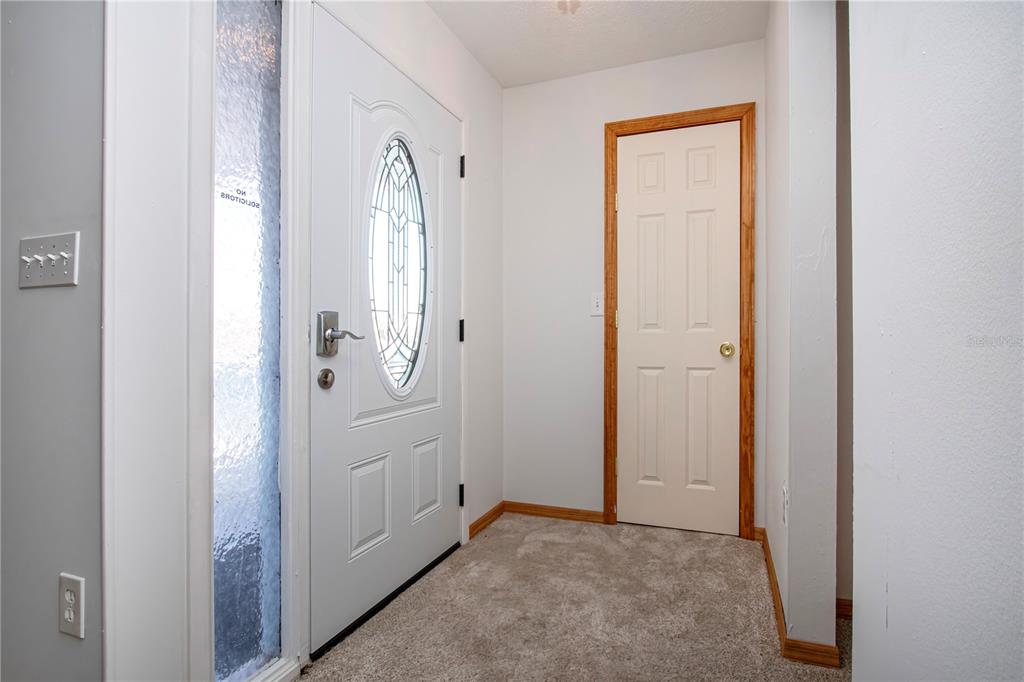 An entryway features a white front door with a glass insert, carpeted flooring, and a closet — 624 LA JOLLA AVENUE, SUN CITY CENTER, FL