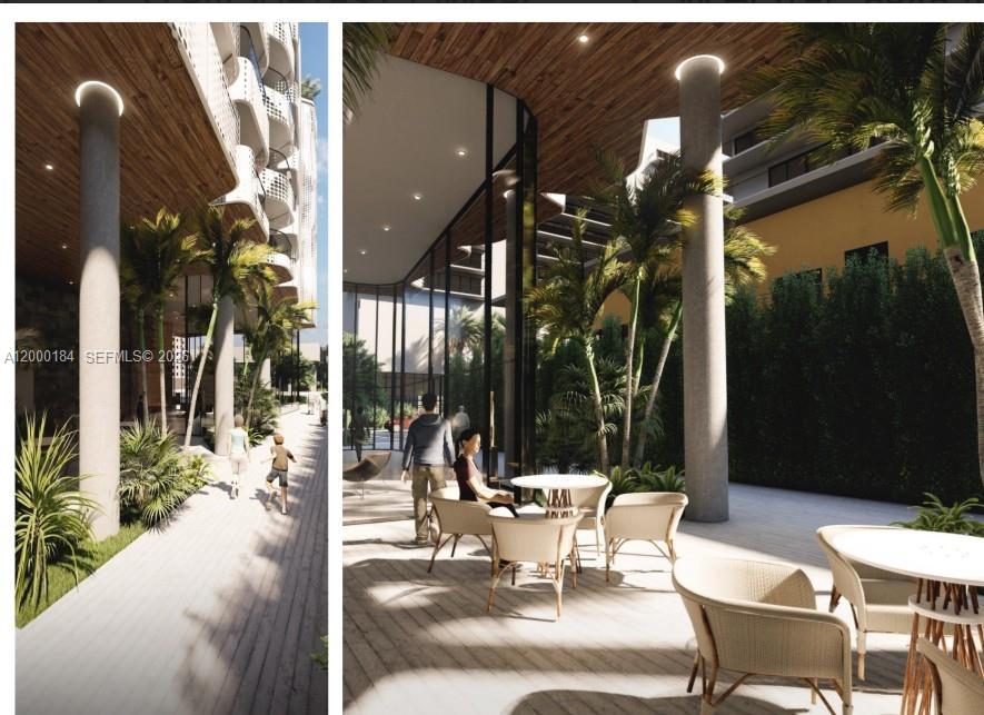 This architectural rendering shows an outdoor patio area with seating, palm trees, and concrete columns — 6945 Abbott Ave, Miami Beach FL 33141, MIAMI BEACH, FL