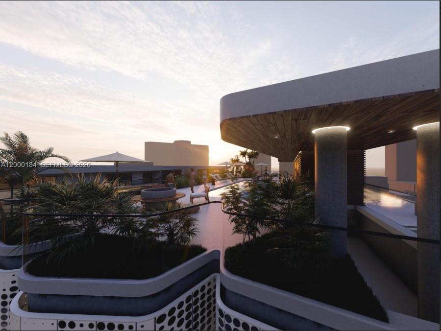 This architectural rendering shows a modern rooftop terrace with a swimming pool and lounge area — 6945 Abbott Ave, Miami Beach FL 33141, MIAMI BEACH, FL