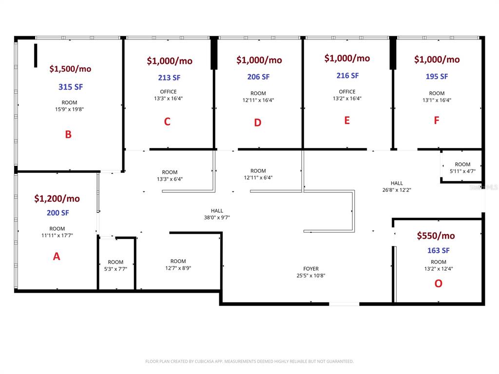 This is a floor plan showing the layout and rental pricing for multiple office spaces — 233 E BAY STREET UNIT 1101, JACKSONVILLE, FL