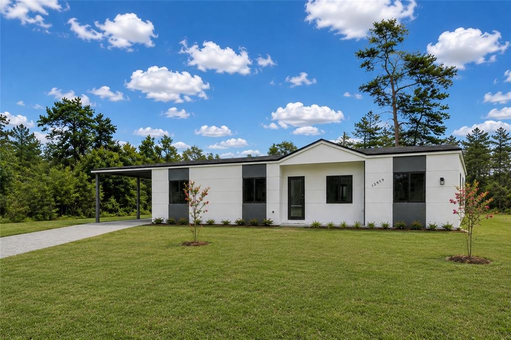 A modern, white single-story house with a carport and dark trim sits on a grassy lot — 12959 SW 35TH CIRCLE, OCALA, FL