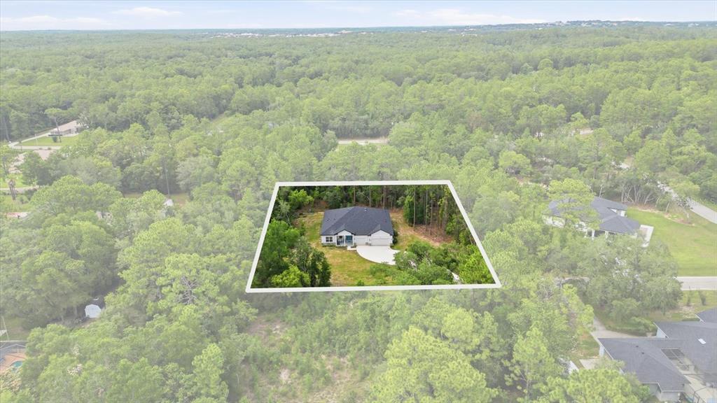 An aerial view shows a single-story house with a dark roof surrounded by dense forest — 1427 W MINERAL COURT, HERNANDO, FL