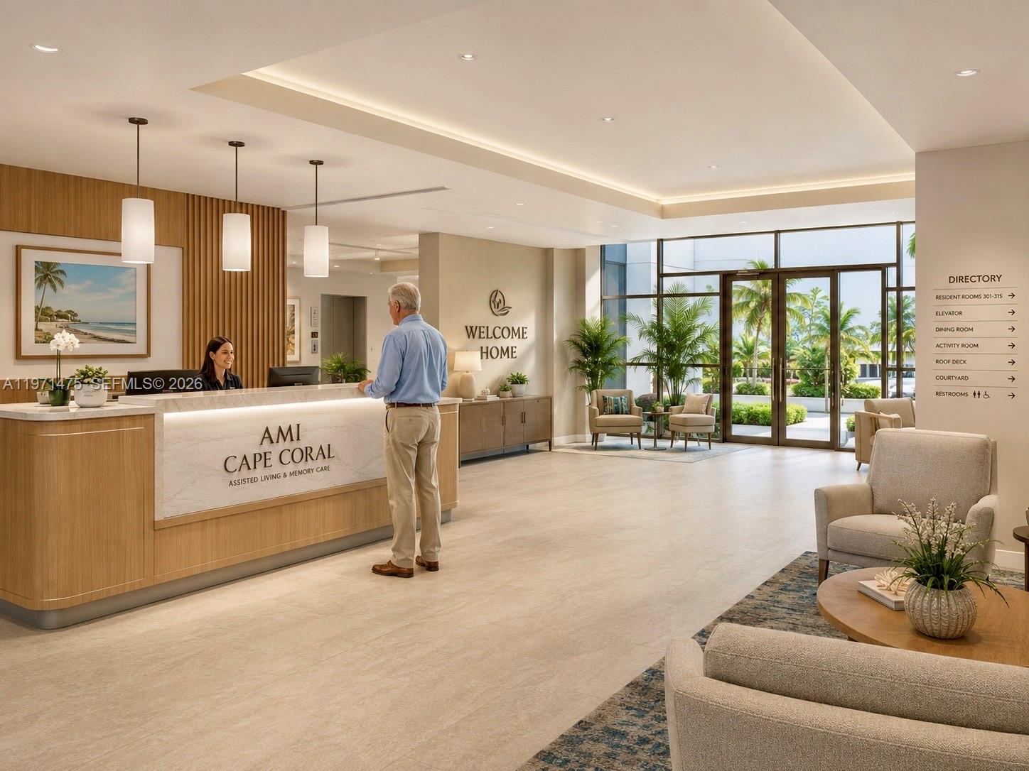 This rendering shows a modern assisted living facility lobby with a reception desk and seating — 302 SW 7th CT, Cape Coral FL 33991, CAPE CORAL, FL