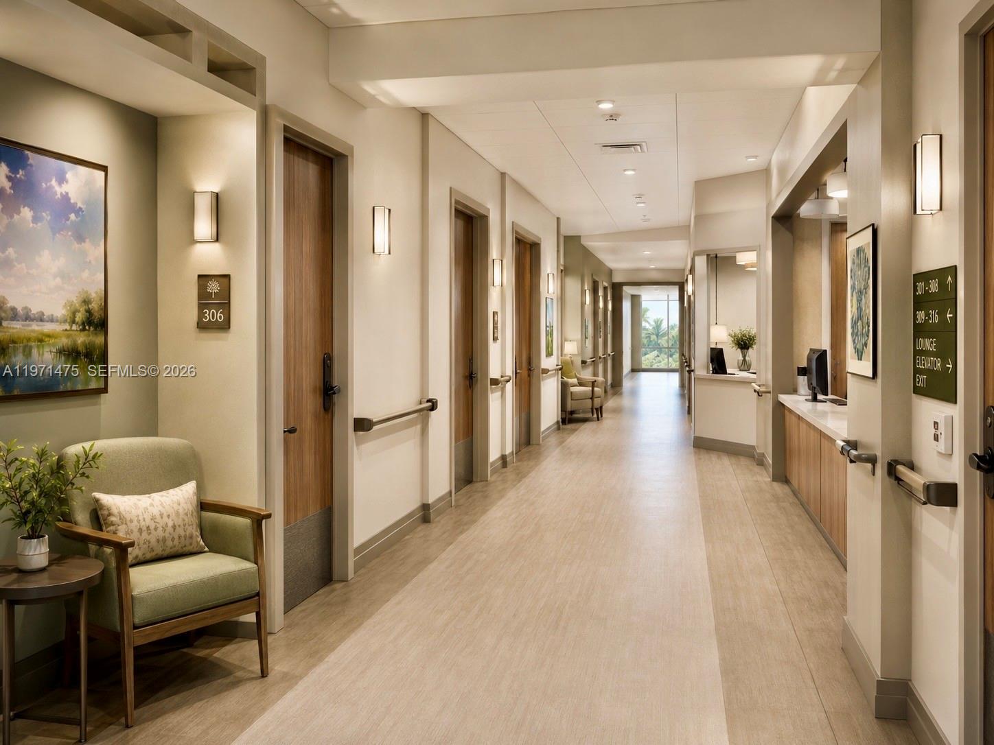 A brightly lit hallway in a modern facility features wood-paneled doors, neutral walls, and seating — 302 SW 7th CT, Cape Coral FL 33991, CAPE CORAL, FL